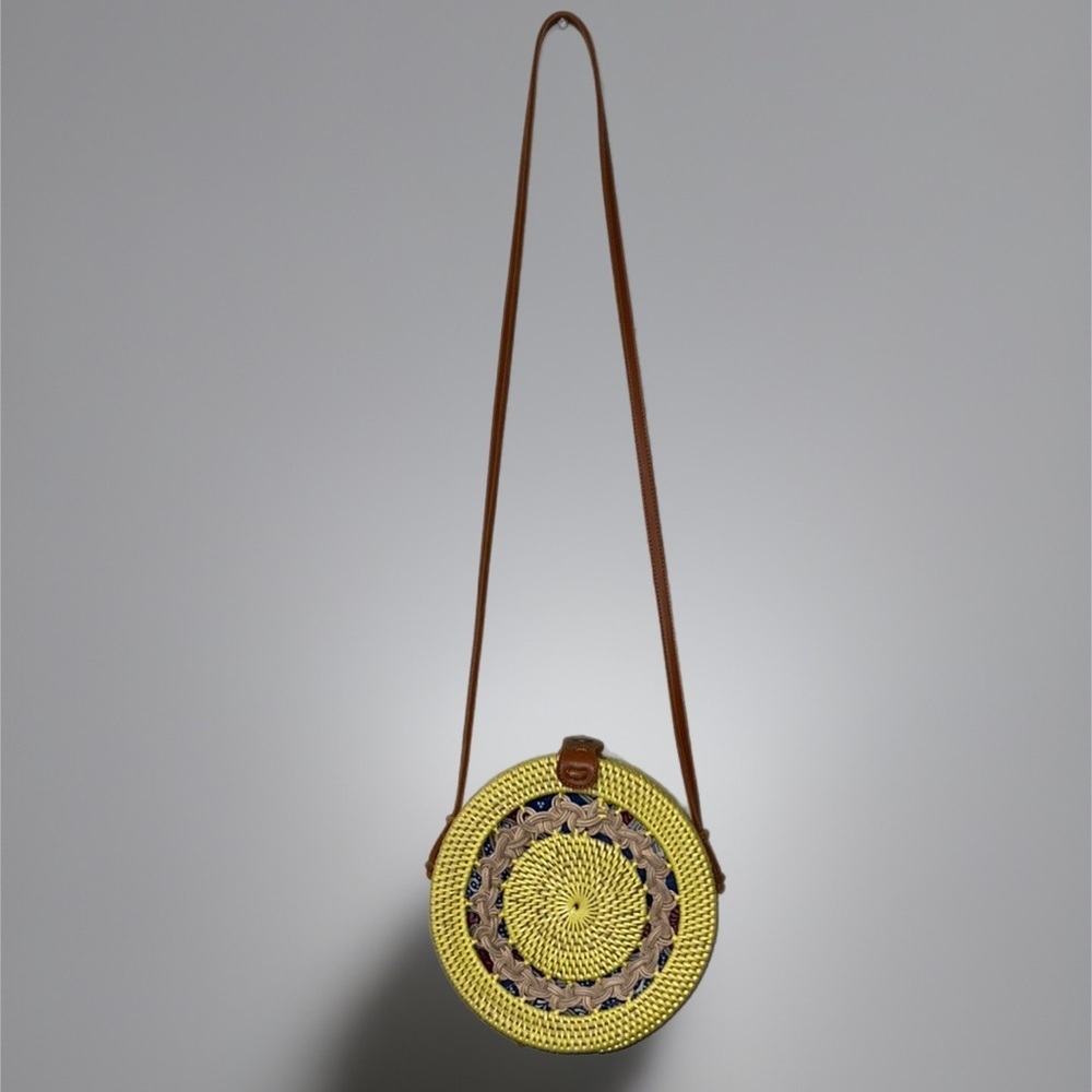 Hand woven round bamboo shoulder bag yellow snap shut crossbody summertime